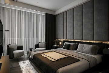 Black and Gray Bed with Pillows, Two Stylish Black check Armchairs with Coffee table near the Window, 3D rendering