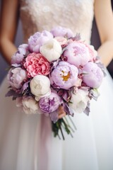 Divine Blooms: Bridal Bouquet Bursting with Pink, Lilac, and White Peonies