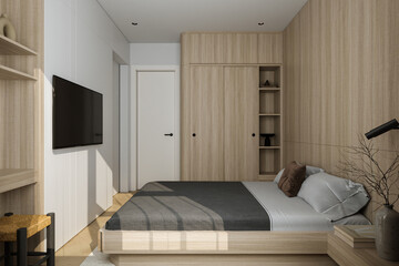 Fototapeta na wymiar Simple style wooden Bed box with Pillows, headboard, Wooden style Wall, and shelf, TV, 3D rendering