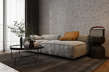 Industry-style Interior for living space with Sofa and Coffee table, 3D rendering