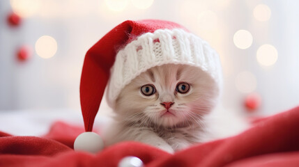Cute fluffy little white kitten in red Santa hat lies on a red blanket and looks at the camera. Blurred Christmas lights on background.