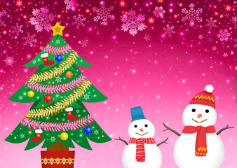 おしゃれなクリスマス背景素材　クリスマスツリーと雪だるま　キラキラ雪の結晶　飾り
