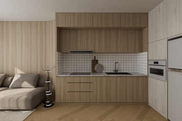 Fototapeta na wymiar Open Kitchen next to living space interior with Wooden decorator, cupboard, stove, sink, 3D rendering