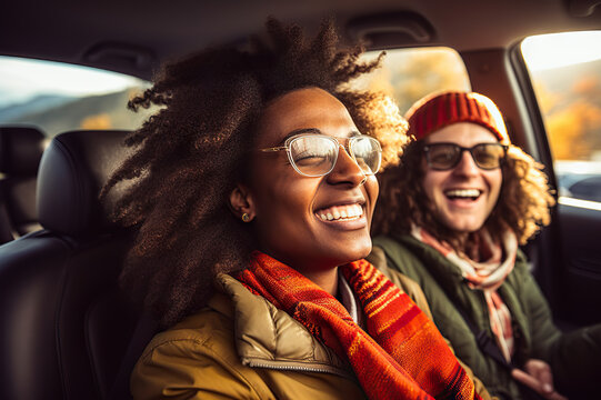 Joyful Road Trip Moments Diverse Friends Share Smiles in Car Selfies, Creating Lasting Memories Together. created with Generative AI