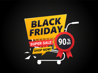 Fototapeta premium Black Friday banner. up to 90% off. Vector sale banner template shopping cart trendy design.