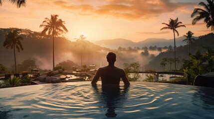 Fototapeta premium Traveler man on vacation in swimming pool at spa resort with tropical nature view at sunrise