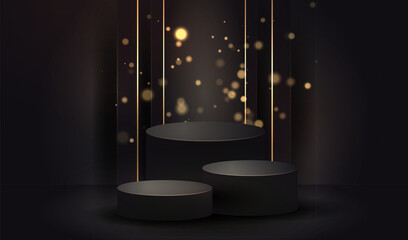 Empty podiums presentation display studio with gold light lines and splash dots vector on black background.