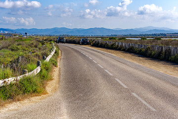 Scenic view at Giens Peninsula with diminishing perspective of rural road on a sunny late spring day. Photo taken June 10th, 2023, Giens Peninsula, Hyères, France.