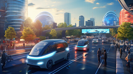 AI-driven electric autonomous vehicles navigating a smart city - obrazy, fototapety, plakaty