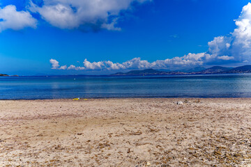 Scenic landscape with Mediterranean Sea and sandy beach of peninsula of Giens on a sunny spring day. Photo taken June 10th, 2023, Giens, France.