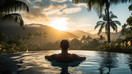 Traveler man on vacation in swimming pool at spa resort with tropical nature view at sunrise - obrazy, fototapety, plakaty