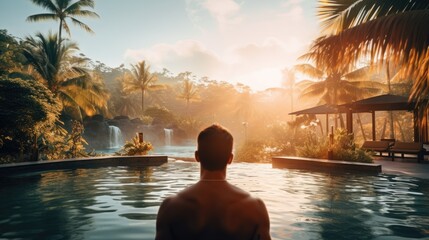 Traveler man on vacation in swimming pool at spa resort with tropical nature view at sunrise - obrazy, fototapety, plakaty