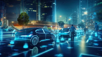 Fotobehang AI-driven electric autonomous vehicles navigating a smart city © ZoomTeam