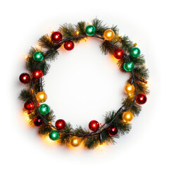 Fototapeta na wymiar Round Christmas wreath made of light bulbs on white background