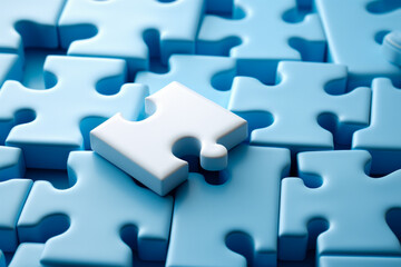 Jigsaw puzzle blue colored pieces lying on surface with distinct white placed above