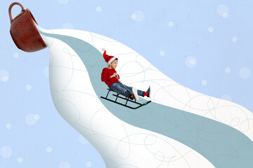 Creative composite illustration collage photo of excited small kid boy goes down hill on sled in...