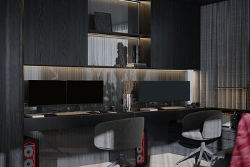 Smart interior with Black Ava and smart Technology in Study room, 3D rendering