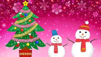 おしゃれなクリスマス背景素材　クリスマスツリーと雪だるま　16:9  キラキラ雪の結晶　飾り