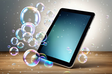 Smartphone Tablet PC mit schwebenden transparenten Blasen - obrazy, fototapety, plakaty