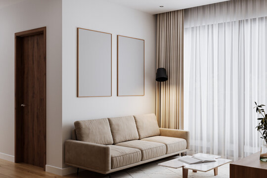 Stylish Couch behind Mock-up poster on the wall, Window with curtain, 3D rendering