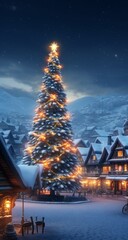 A Serene Winter Wonderland: A Lit Christmas Tree in a Snowy Village