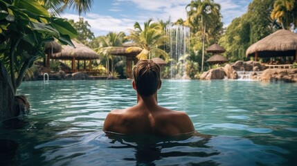 Male traveler on vacation in swimming pool at luxury spa resort with stunning tropical natural views