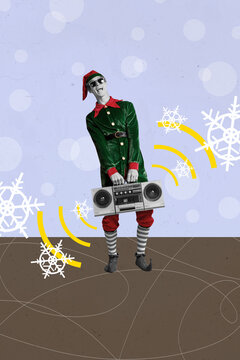 Vertical creative composite collage photo of good mood elf in sunglass hold boombox on christmas party isolated drawing background
