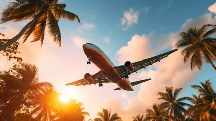 Bottom view of Airplane flying over coconut trees at sunset