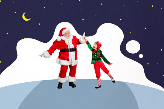 Creative composite collage photo of santa claus and elf give highfive each other deliver gifts on christmas isolated on drawing background