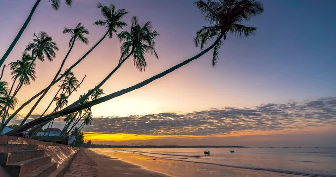 Time lapse of Dawn on the beach with tilted coconut trees, long sandy beach and beautiful golden sky and romantic for the weekend resort.