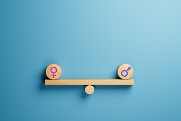 Gender equality concept male and female symbol balancing on wooden seesaw - obrazy, fototapety, plakaty