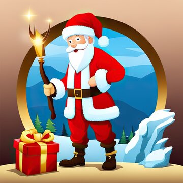 Colorful bright Christmas greeting card. Santa Claus. Merry Christmas and Happy New Year. Seasonal Christmas poster
