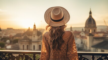 Rear view of a female tourist in a hat looking at the old city from a balcony at sunset