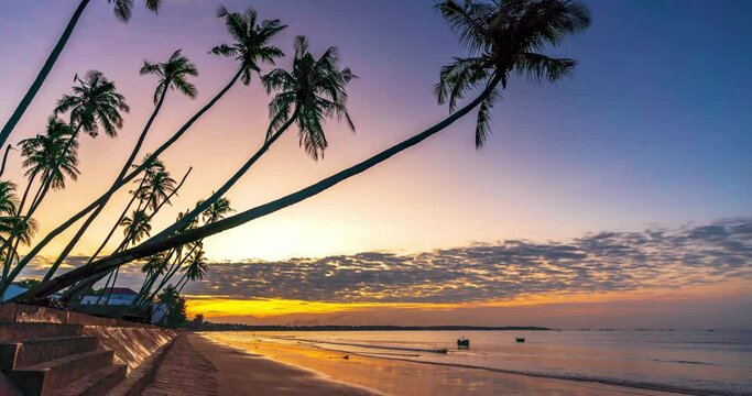 Time lapse of Dawn on the beach with tilted coconut trees, long sandy beach and beautiful golden sky and romantic for the weekend resort.