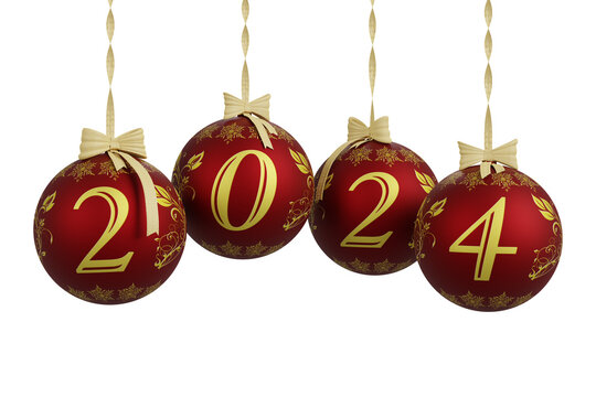 PNG. Trasparente. Illustrazione 3D. Anno nuovo 2024. Capodanno 2024 in numeri e con decorazione natalizia. Palle dell'albero di Natale su sfondo trasparente..