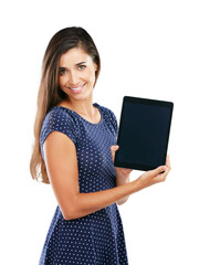 Portrait, happy woman and smile for tablet screen, social media or website with offer, promotion or alert. Female entrepreneur, creative or writer for news on isolated or transparent png background