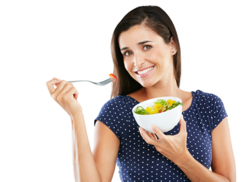 Portrait, happy woman and smile with salad for health, nutrition and wellness for vegetarian diet. Female model, bowl and fork for eating on isolated or transparent png background for weight loss - Powered by Adobe