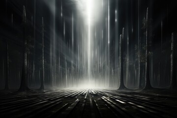An abstract wallpaper with a sci-fi, futuristic aesthetic, illuminated against a black background, depicts a dense forest, creating an otherworldly composition. Illustration