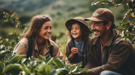 Candid shot of Colombian family sharing happy moment among coffee rows - Powered by Adobe