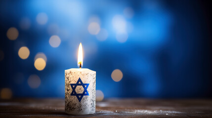 burning candle with Israel flag  on blue  background , holocaust memorial day illustration 