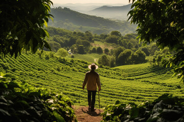 Colombian farmer walks amid coffee trees and tranquil plantation - obrazy, fototapety, plakaty