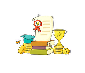 School award, diploma, trophy cup on books stack for success in education.