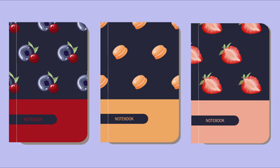 A set of modern covers and title pages. Versatile design for notepads, planners and cover sheets. Vector design with macarons, strawberries and blueberries.