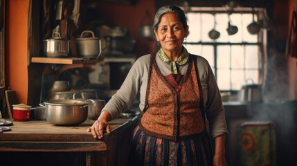 Peruvian old woman wearing traditional outfit standing in the kitchen - obrazy, fototapety, plakaty