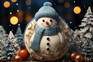 Cute ceramic snowman on the snow in winter Christmas