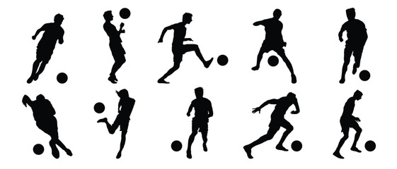 silhouettes of football player in poses on playing in the field with football 