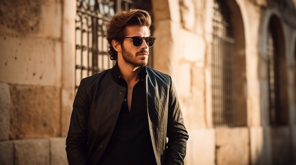 Obraz premium fashion man in a black jacket outside 