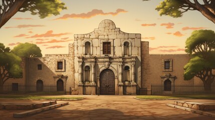 Illustration Highlighting Iconic Texas Fortress at Dusk - obrazy, fototapety, plakaty