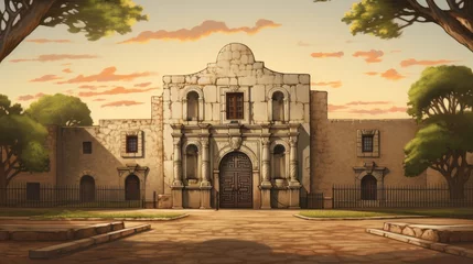 Foto op Plexiglas Illustration Highlighting Iconic Texas Fortress at Dusk © Sandris_ua