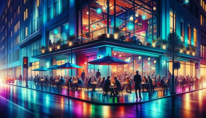 The evening ambiance of a city café is aglow, buzzing with the vibrant nightlife and colorful lights, as people gather for a lively urban experience. Generative AI - obrazy, fototapety, plakaty
